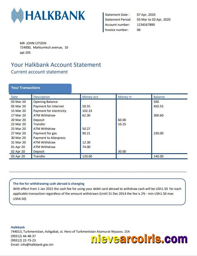 Turkmenistan Halkbank proof of address bank statement in Word and PDF format, .doc and .pdf format